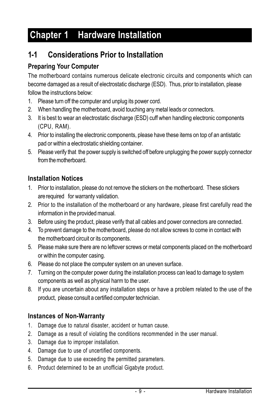 Chapter 1 hardware installation, 1 considerations prior to installation | AMD GA-M61SME-S2 User Manual | Page 9 / 80