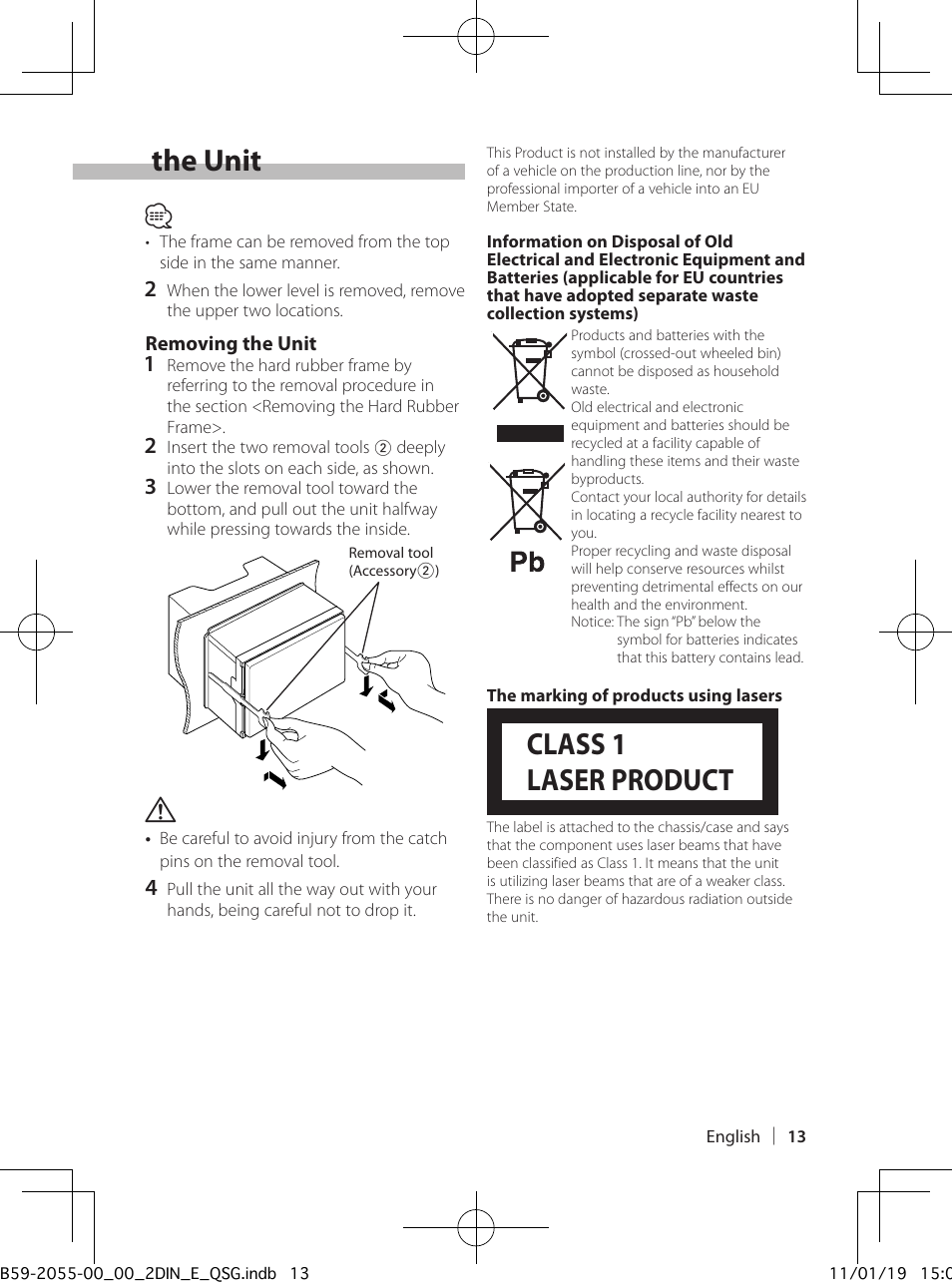 Installation/removing the unit, Class 1 laser product | Kenwood DPX504U User Manual | Page 13 / 112