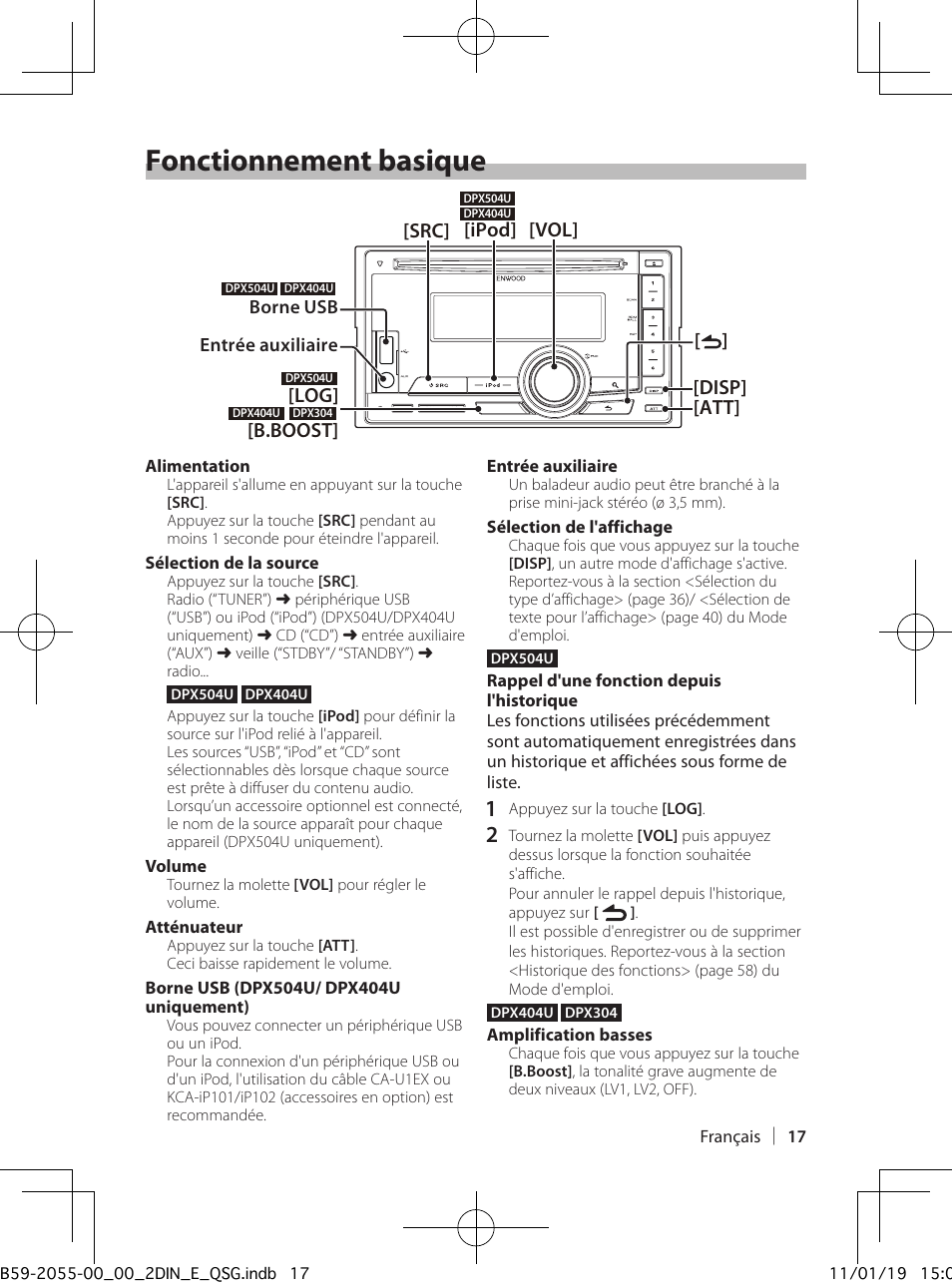 Fonctionnement basique, Disp] [att] [src] [ipod] [b.boost] [vol | Kenwood DPX504U User Manual | Page 17 / 112