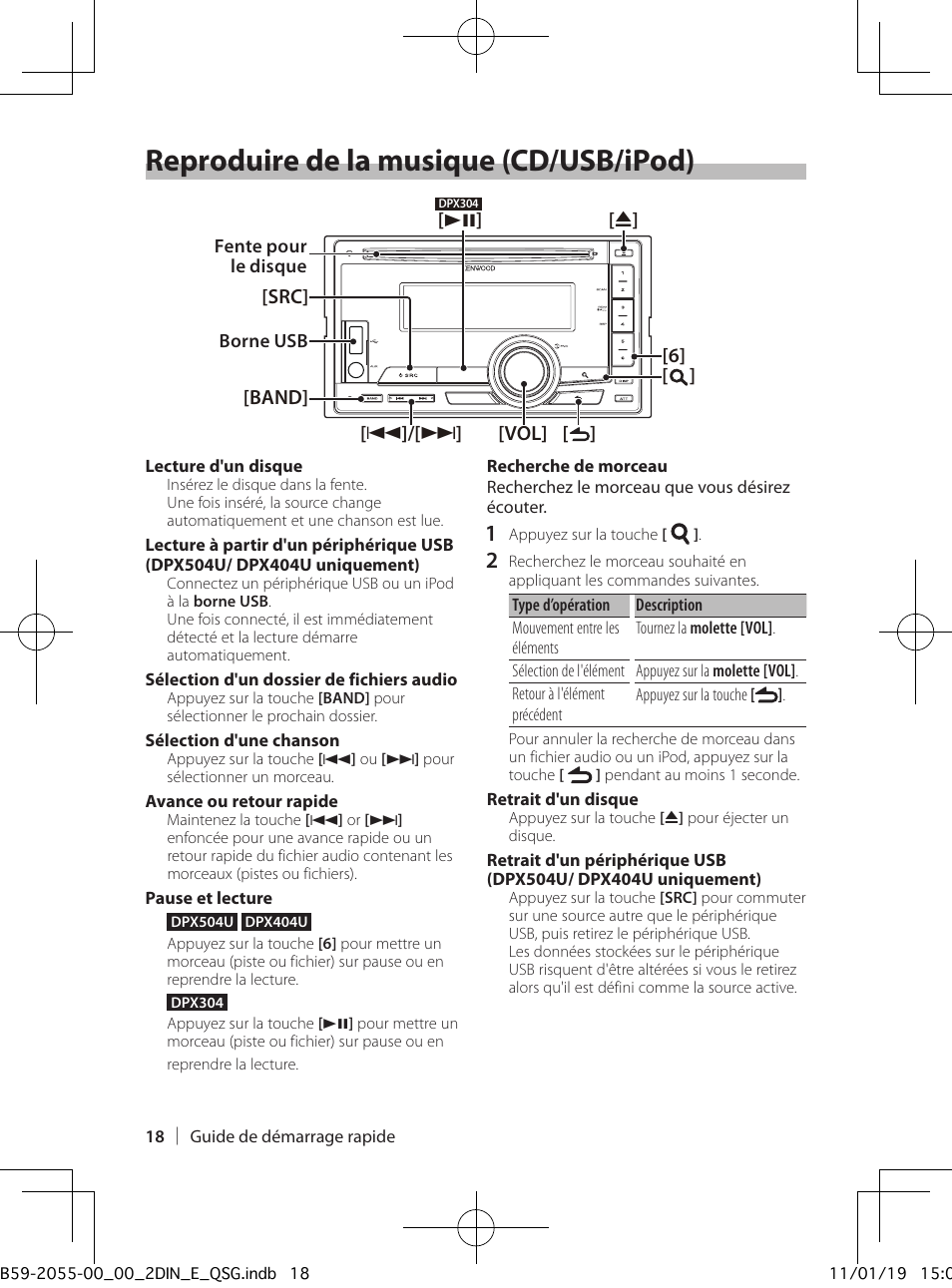 Reproduire de la musique (cd/usb/ipod) | Kenwood DPX504U User Manual | Page 18 / 112