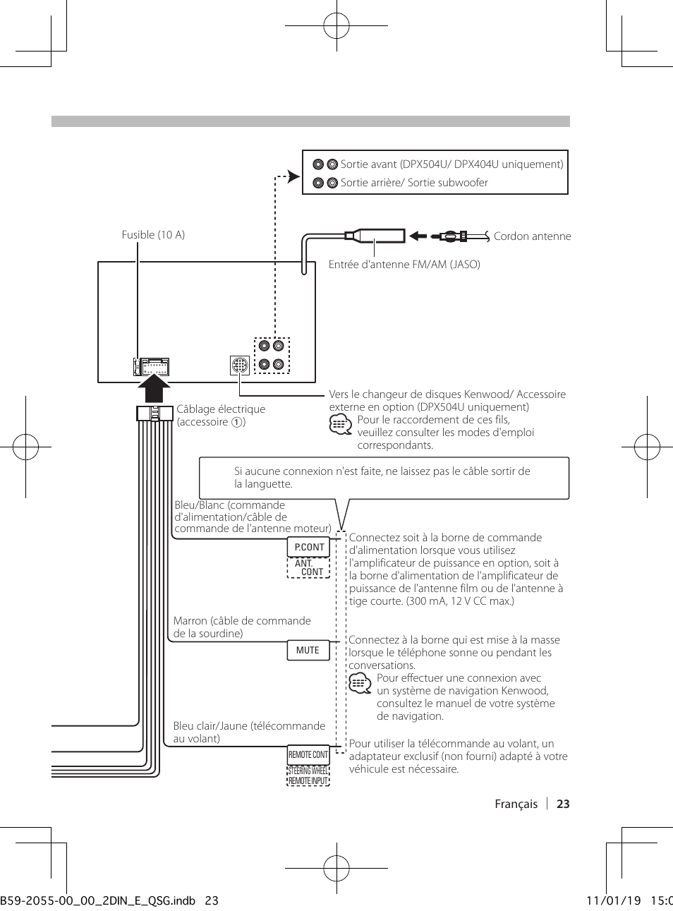 Connexion des câbles aux bornes | Kenwood DPX504U User Manual | Page 23 / 112