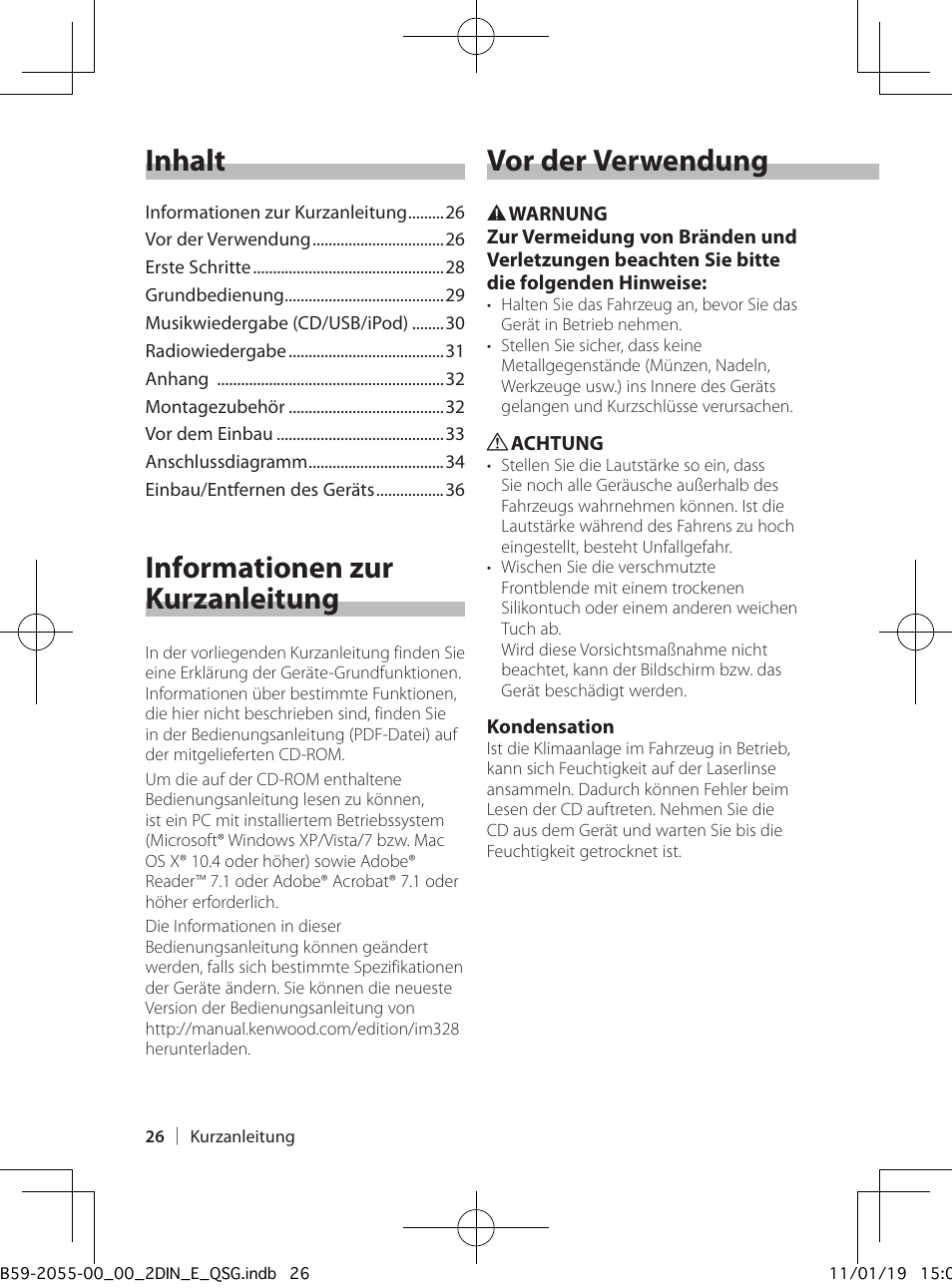 Inhalt, Informationen zur kurzanleitung, Vor der verwendung | Kenwood DPX504U User Manual | Page 26 / 112