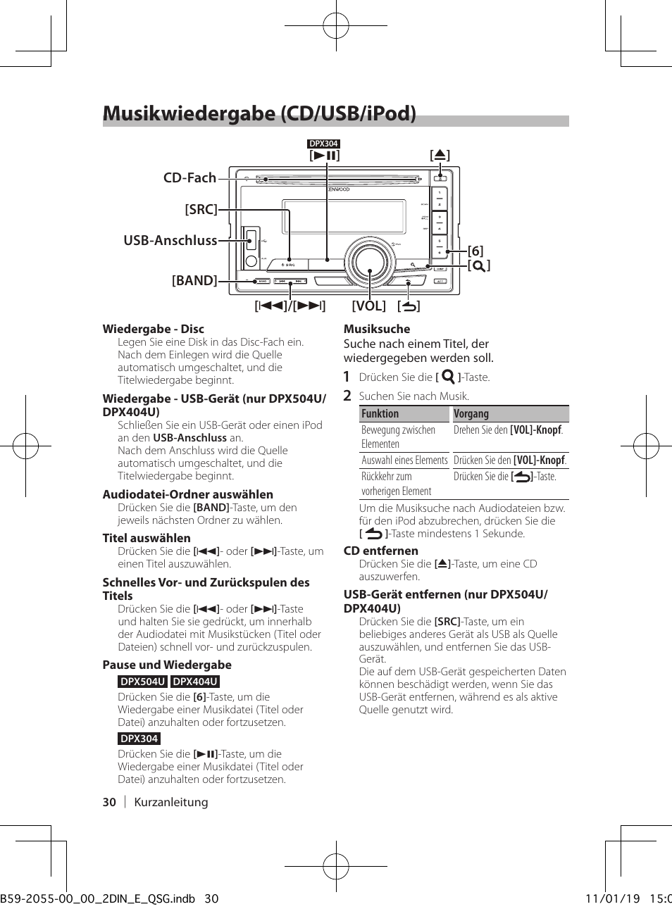 Musikwiedergabe (cd/usb/ipod) | Kenwood DPX504U User Manual | Page 30 / 112