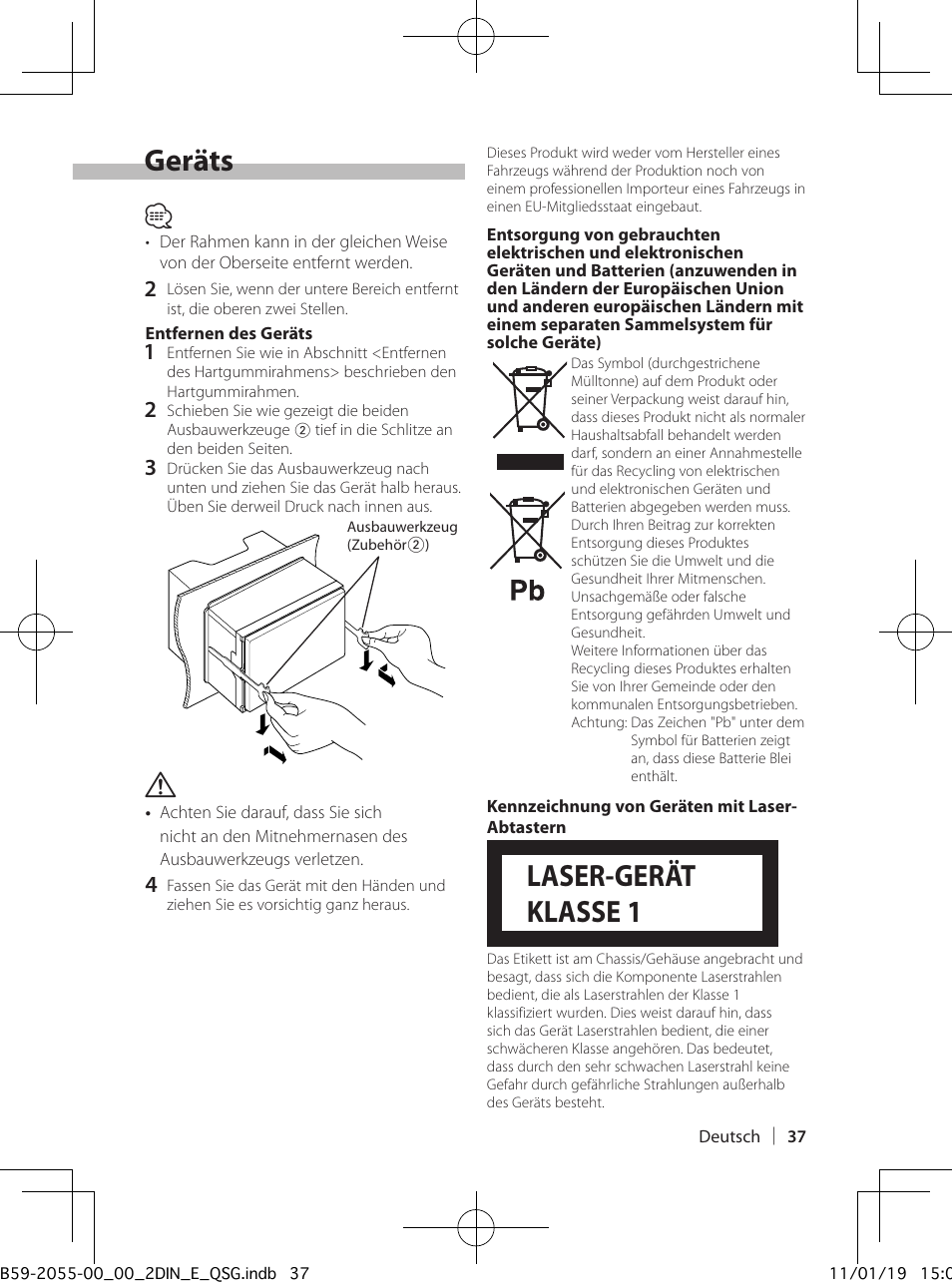 Einbau/entfernen des geräts, Laser-gerät klasse 1 | Kenwood DPX504U User Manual | Page 37 / 112