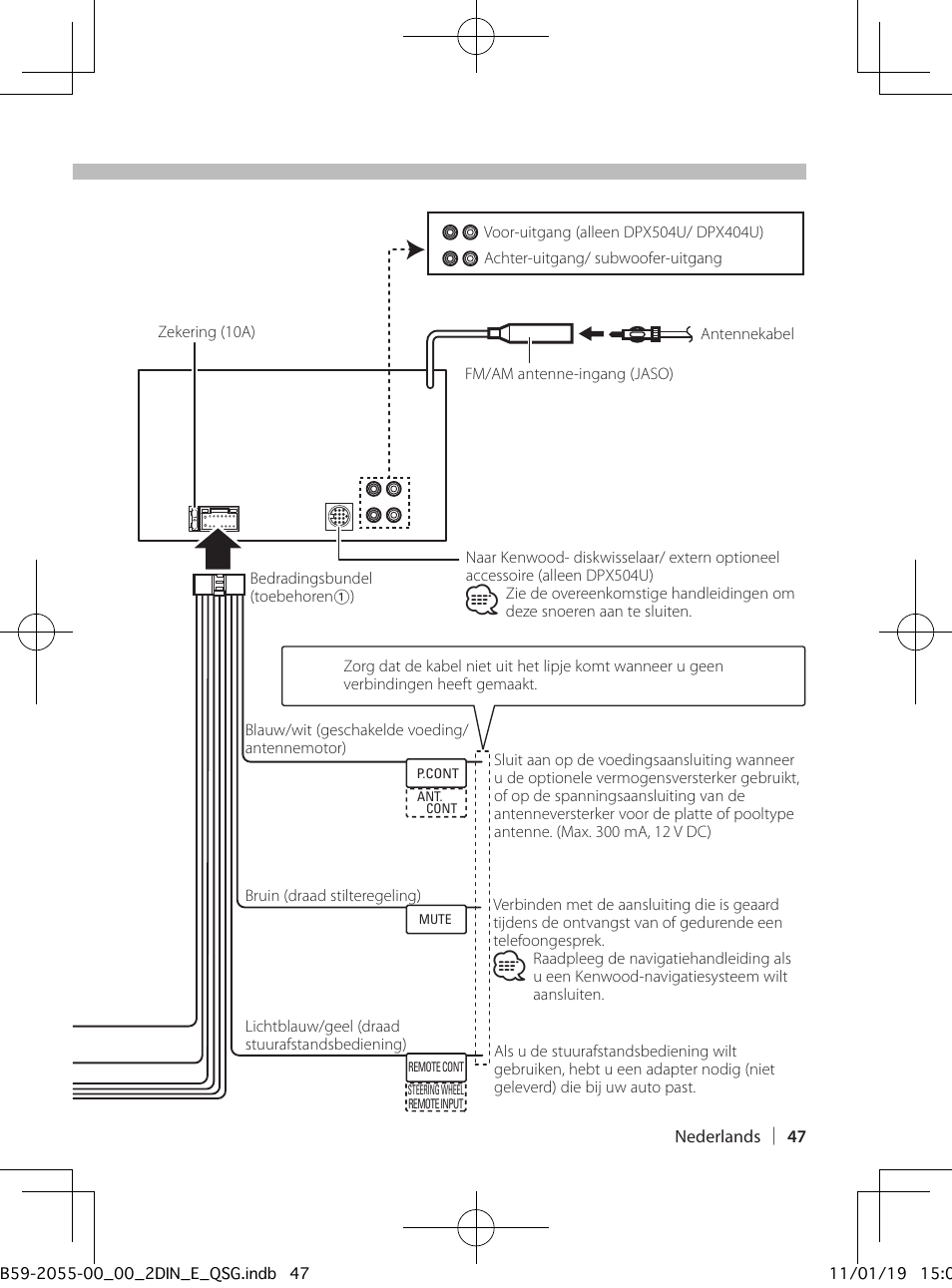 Verbinden van kabels met aansluitingen | Kenwood DPX504U User Manual | Page 47 / 112