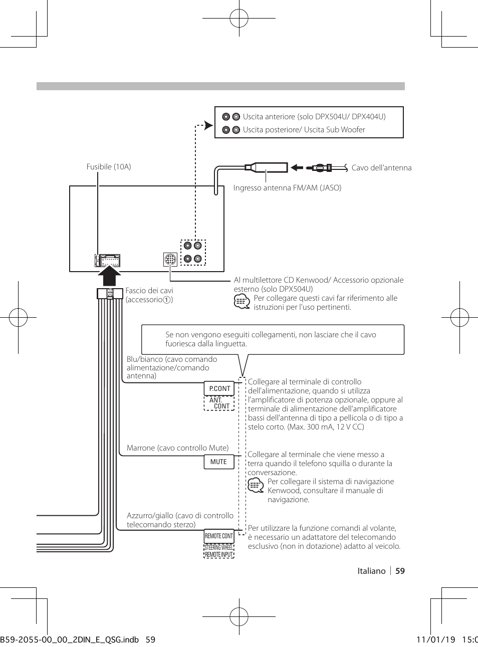 Collegamento dei cavi ai terminali | Kenwood DPX504U User Manual | Page 59 / 112