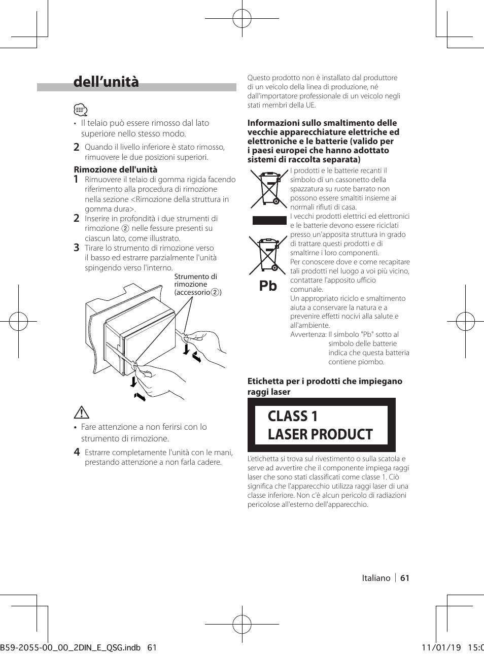 Installazione/rimozione dell’unità, Class 1 laser product | Kenwood DPX504U User Manual | Page 61 / 112