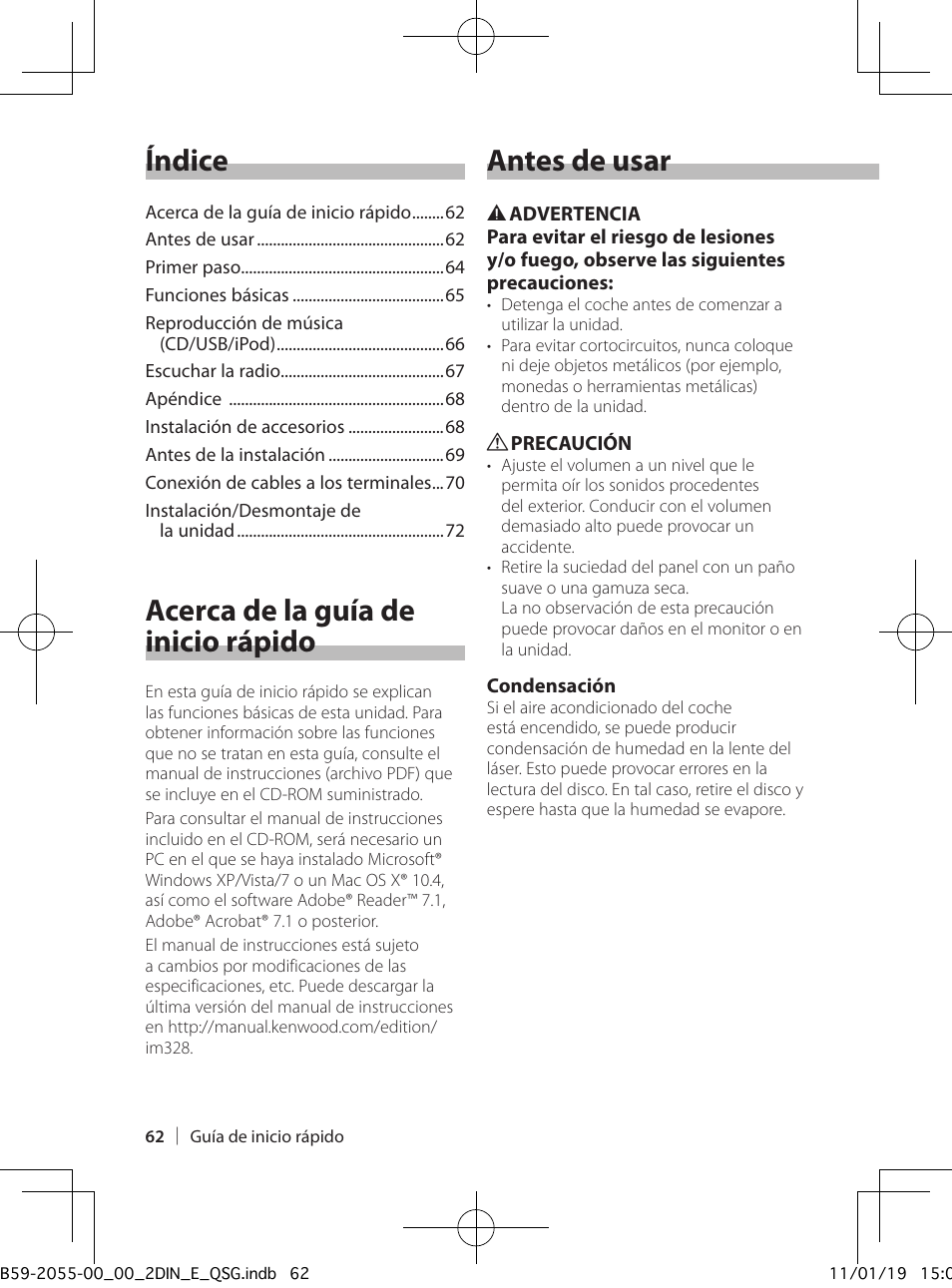 Índice, Acerca de la guía de inicio rápido, Antes de usar | Kenwood DPX504U User Manual | Page 62 / 112