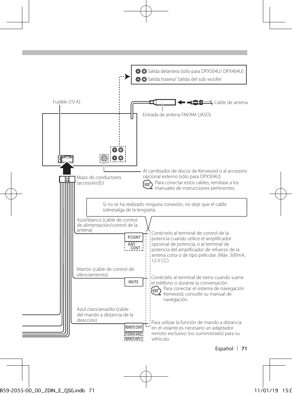 Conexión de cables a los terminales | Kenwood DPX504U User Manual | Page 71 / 112