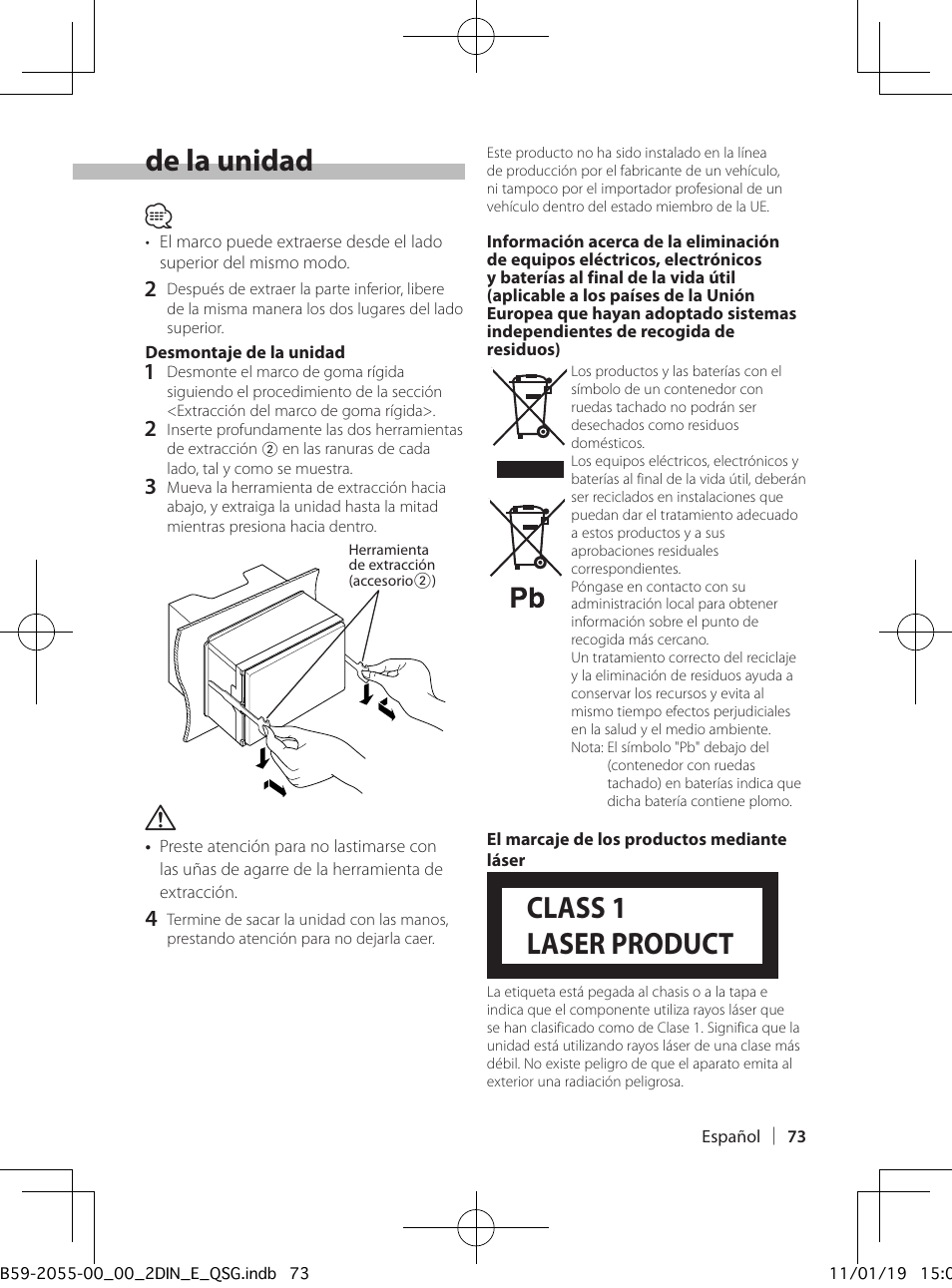 Instalación/desmontaje de la unidad, Class 1 laser product | Kenwood DPX504U User Manual | Page 73 / 112