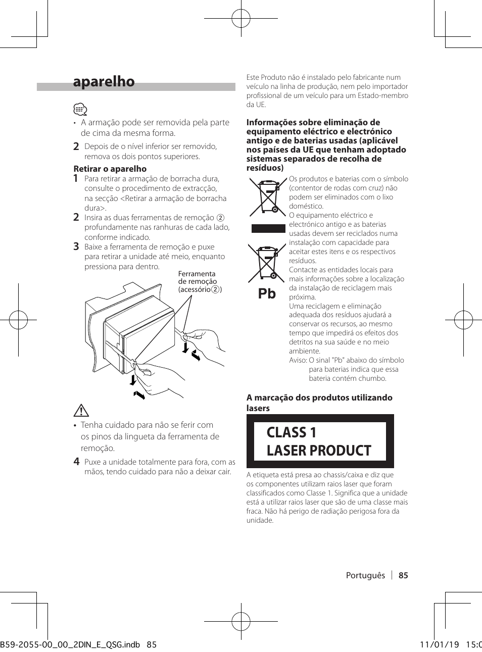 Instalação/retirar o aparelho, Class 1 laser product | Kenwood DPX504U User Manual | Page 85 / 112