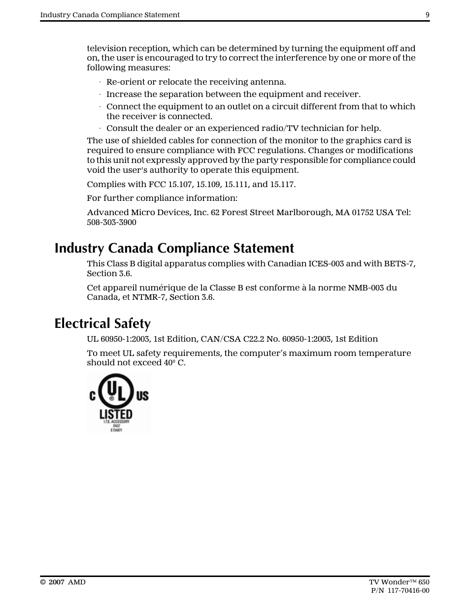 Industry canada compliance statement, Electrical safety | AMD TV WONDER 650 User Manual | Page 15 / 16