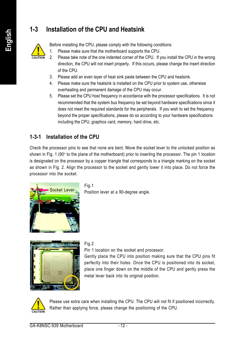 English, 3 installation of the cpu and heatsink | AMD GA-K8NSC-939 User Manual | Page 12 / 80