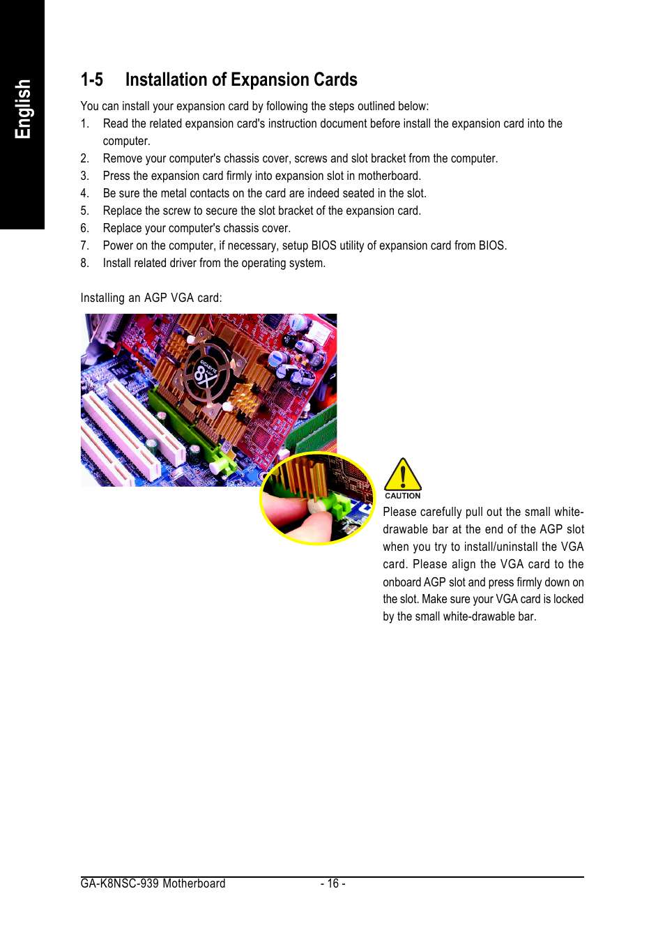 English, 5 installation of expansion cards | AMD GA-K8NSC-939 User Manual | Page 16 / 80