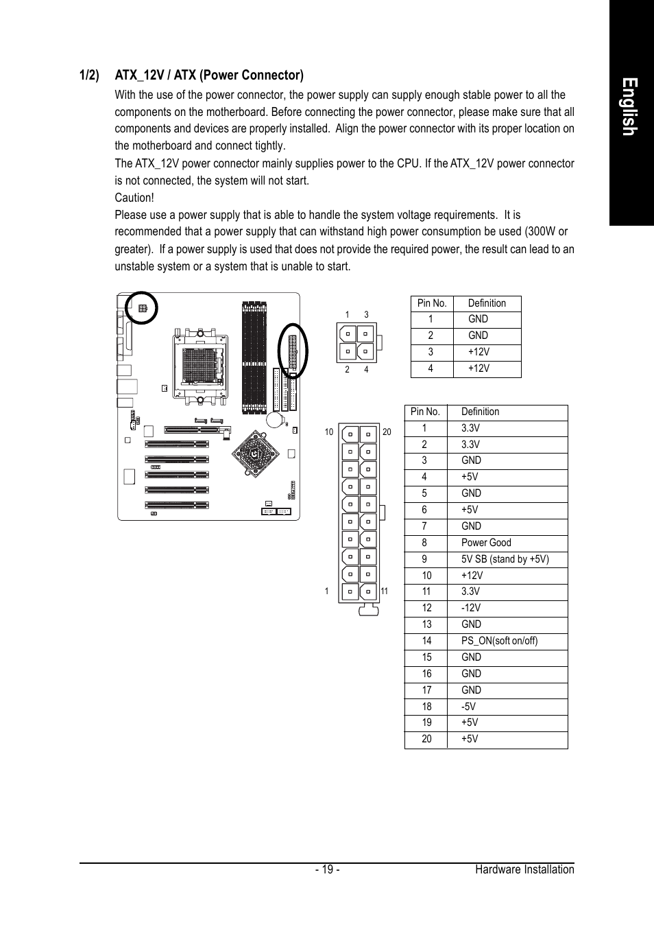 English, 1/2) atx_12v / atx (power connector) | AMD GA-K8NSC-939 User Manual | Page 19 / 80