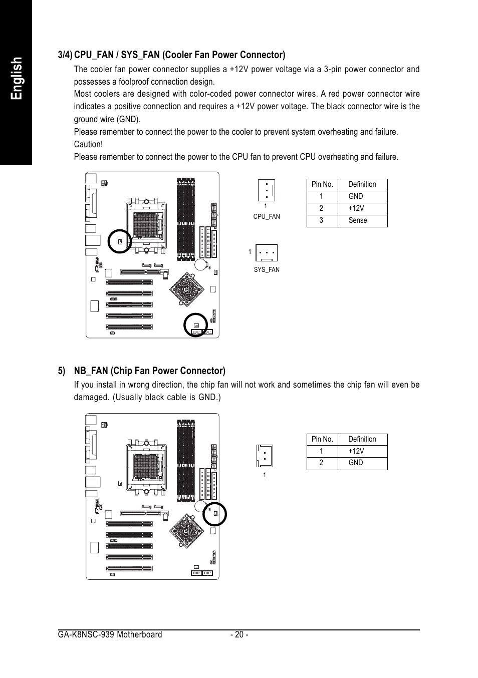 English, 5) nb_fan (chip fan power connector) | AMD GA-K8NSC-939 User Manual | Page 20 / 80