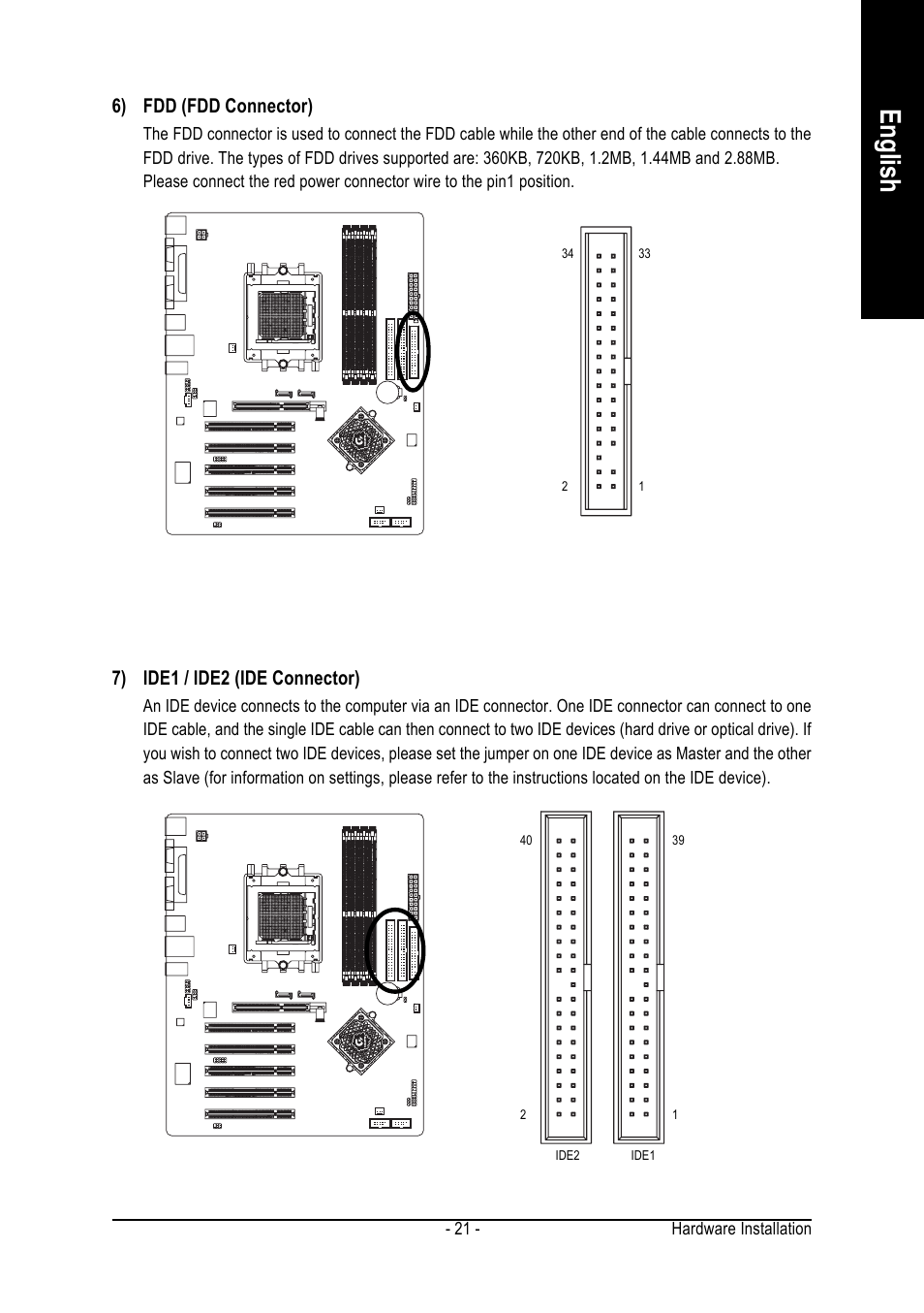 English, 7) ide1 / ide2 (ide connector), 6) fdd (fdd connector) | AMD GA-K8NSC-939 User Manual | Page 21 / 80