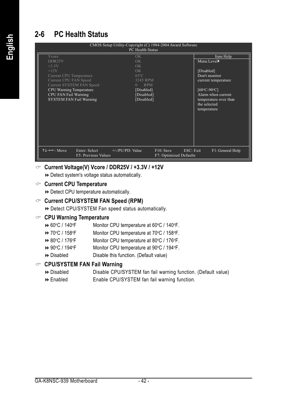 English, 6 pc health status, Current cpu temperature | Current cpu/system fan speed (rpm), Cpu warning temperature, Cpu/system fan fail warning | AMD GA-K8NSC-939 User Manual | Page 42 / 80