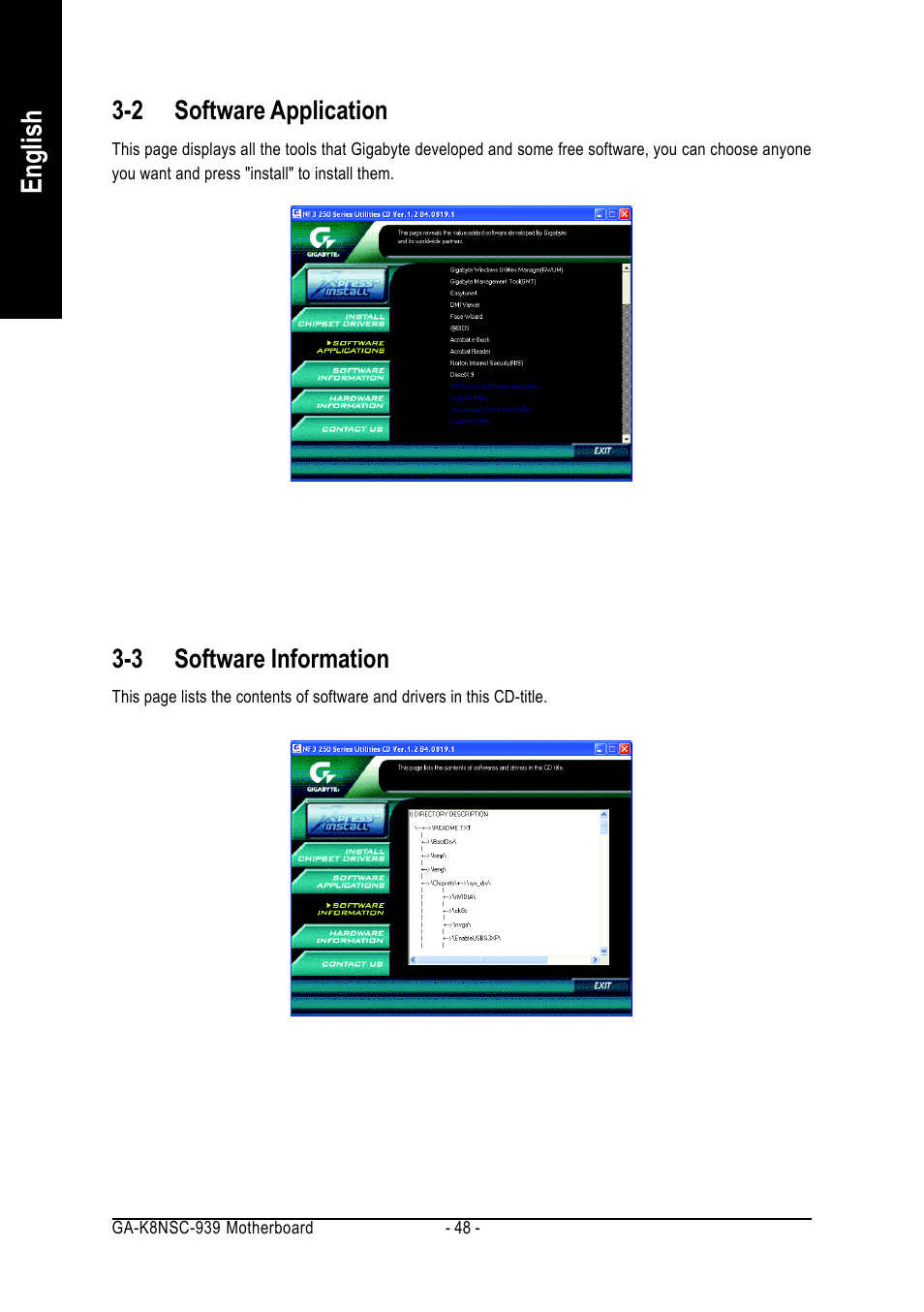 English, 2 software application, 3 software information | AMD GA-K8NSC-939 User Manual | Page 48 / 80