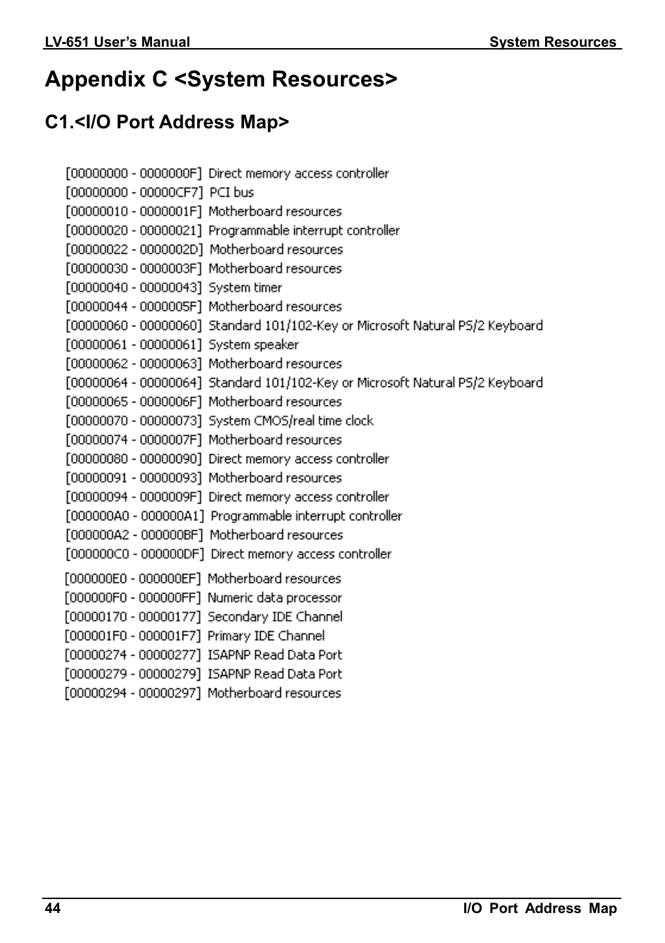 Appendix c <system resources, C1.<i/o port address map | AMD LV-651 User Manual | Page 44 / 50