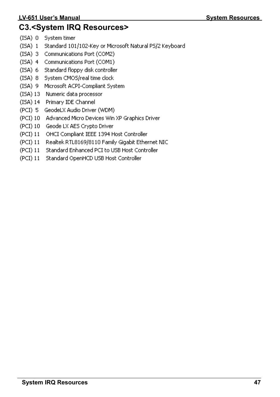 C3.<system irq resources | AMD LV-651 User Manual | Page 47 / 50