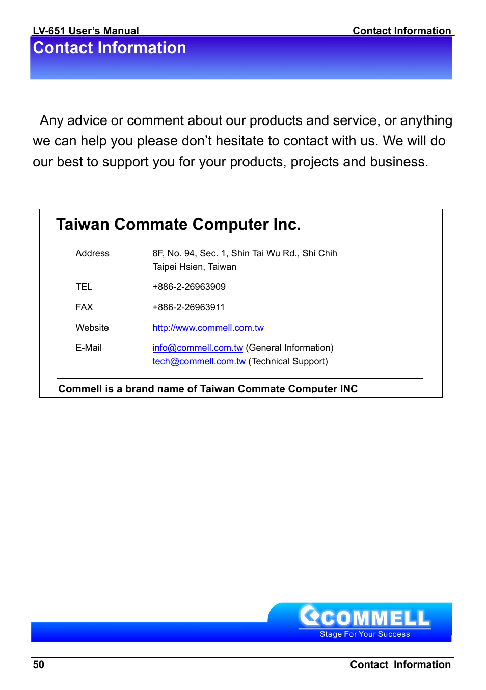 Contact information, Taiwan commate computer inc | AMD LV-651 User Manual | Page 50 / 50