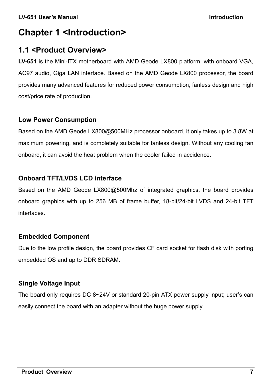 Chapter 1 <introduction, 1 <product overview | AMD LV-651 User Manual | Page 7 / 50