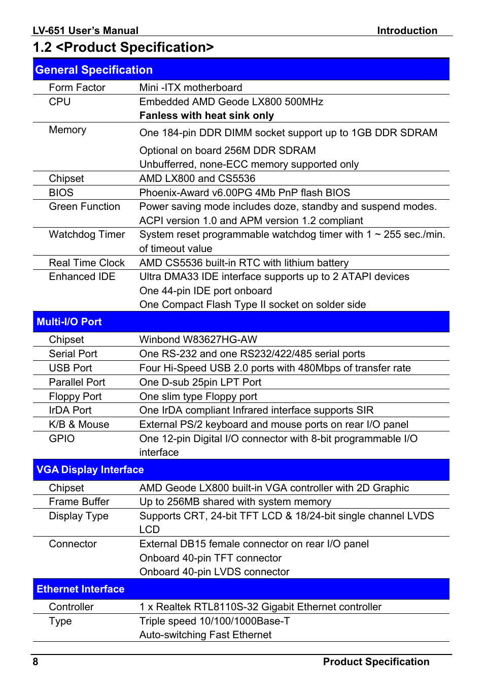 2 <product specification | AMD LV-651 User Manual | Page 8 / 50