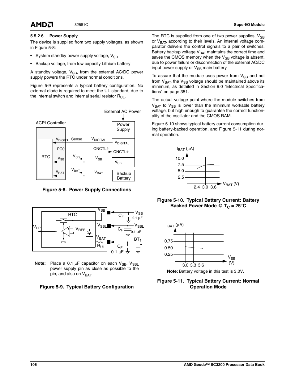 6 power supply, Figure 5-8, Power supply connections | Figure 5-9, Typical battery configuration, Figure 5-10, Figure 5-11, Typical battery current: normal operation mode | AMD Geode SC3200 User Manual | Page 106 / 428