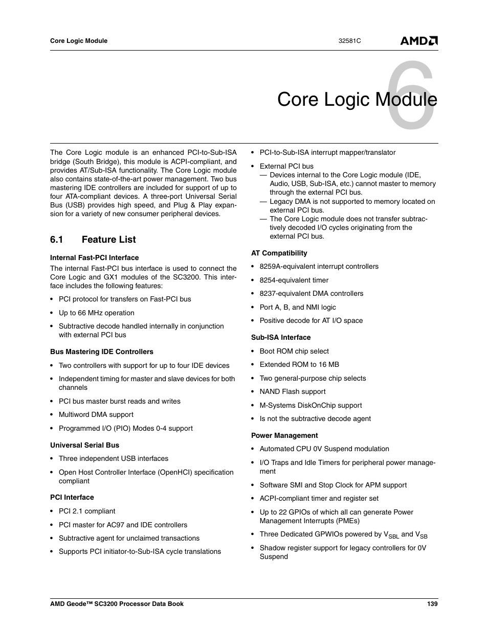 Core logic module, 1 feature list, Feature list | 0 core logic module | AMD Geode SC3200 User Manual | Page 139 / 428