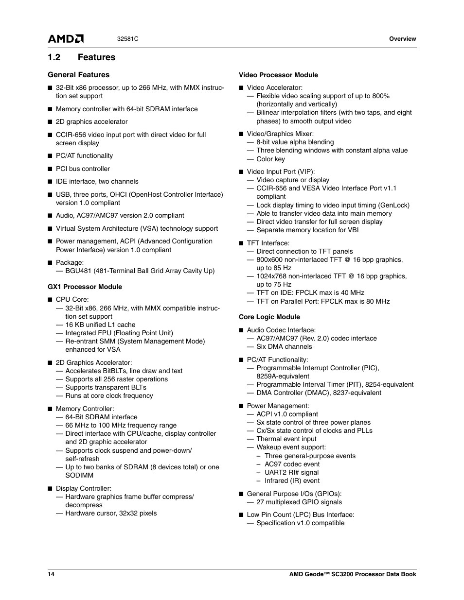 2 features, Features | AMD Geode SC3200 User Manual | Page 14 / 428