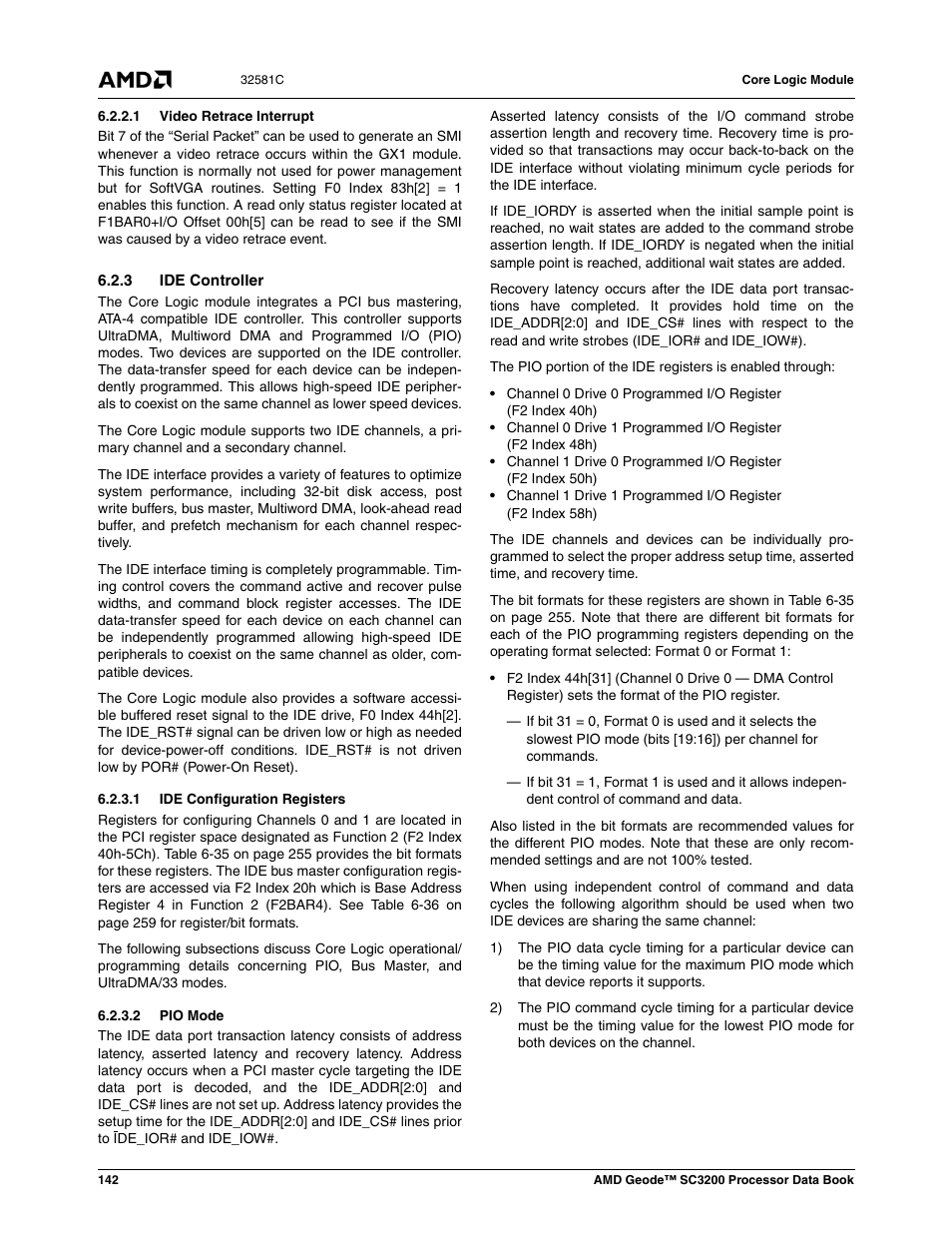 1 video retrace interrupt, 3 ide controller, 1 ide configuration registers | 2 pio mode | AMD Geode SC3200 User Manual | Page 142 / 428