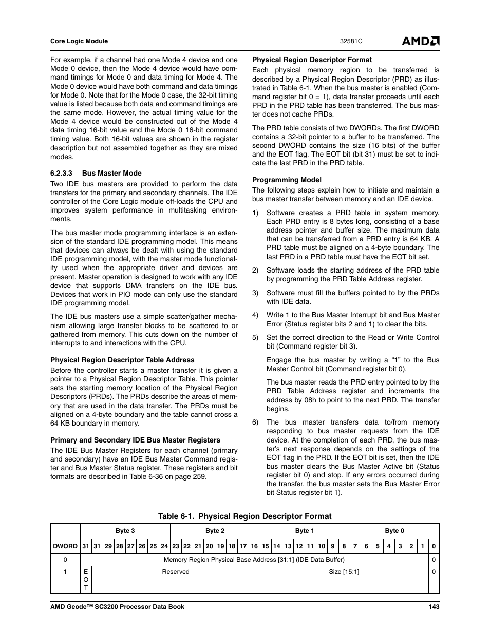 3 bus master mode, Table 6-1, Physical region descriptor format | AMD Geode SC3200 User Manual | Page 143 / 428