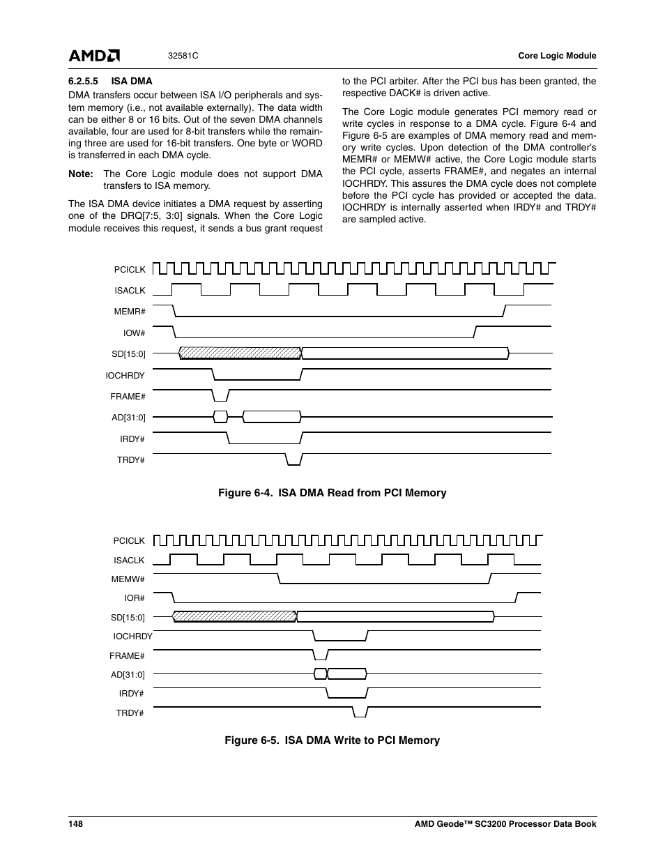 5 isa dma, Figure 6-4, Isa dma read from pci memory | Figure 6-5, Isa dma write to pci memory | AMD Geode SC3200 User Manual | Page 148 / 428