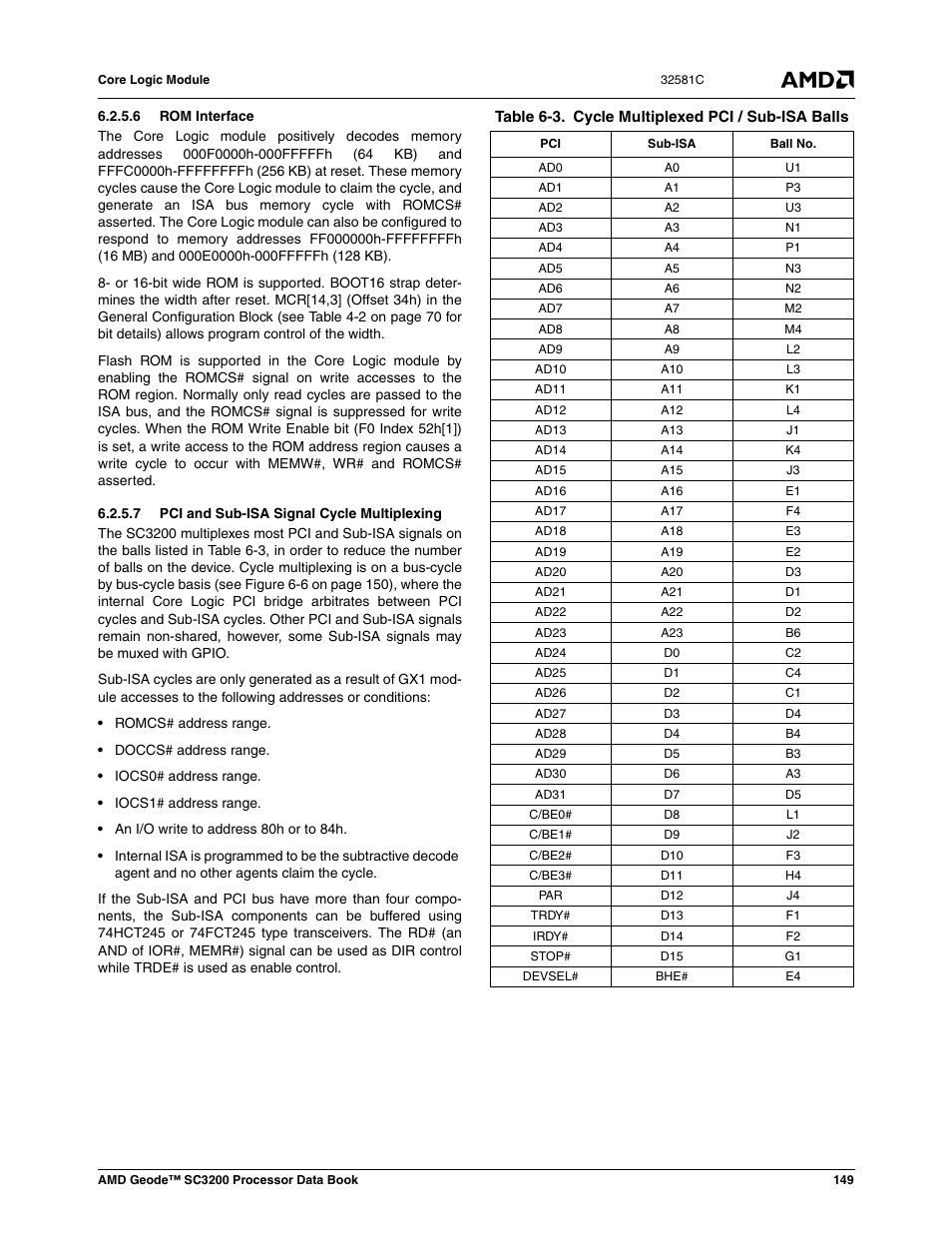 6 rom interface, 7 pci and sub-isa signal cycle multiplexing, Table 6-3 | Cycle multiplexed pci / sub-isa balls | AMD Geode SC3200 User Manual | Page 149 / 428