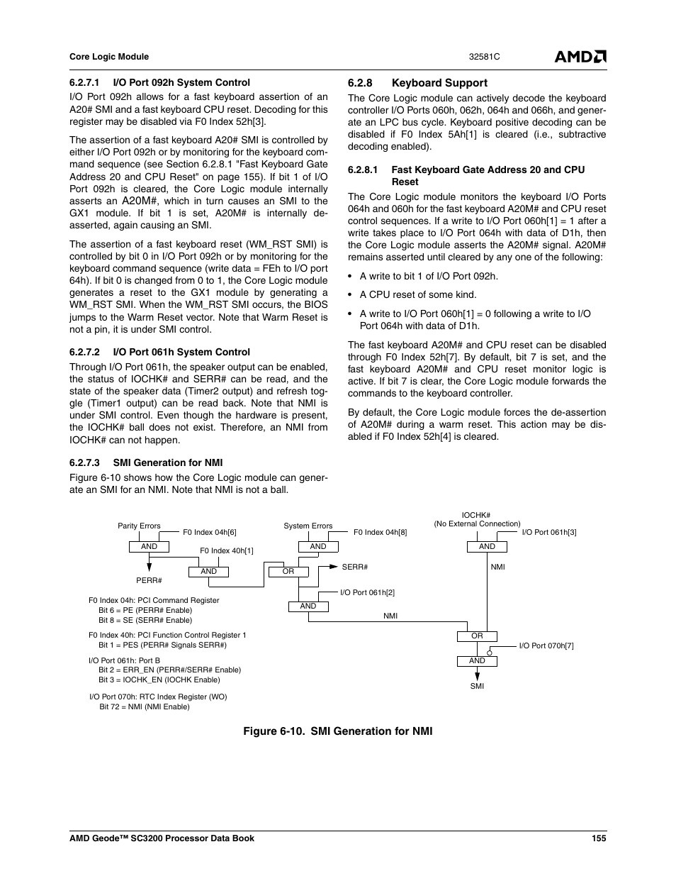 1 i/o port 092h system control, 2 i/o port 061h system control, 3 smi generation for nmi | 8 keyboard support, 1 fast keyboard gate address 20 and cpu reset, Figure 6-10, Smi generation for nmi | AMD Geode SC3200 User Manual | Page 155 / 428