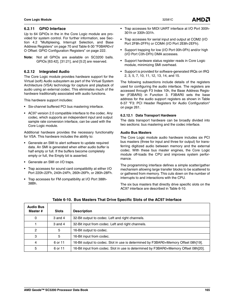 11 gpio interface, 12 integrated audio, 1 data transport hardware | Table 6-10 | AMD Geode SC3200 User Manual | Page 165 / 428