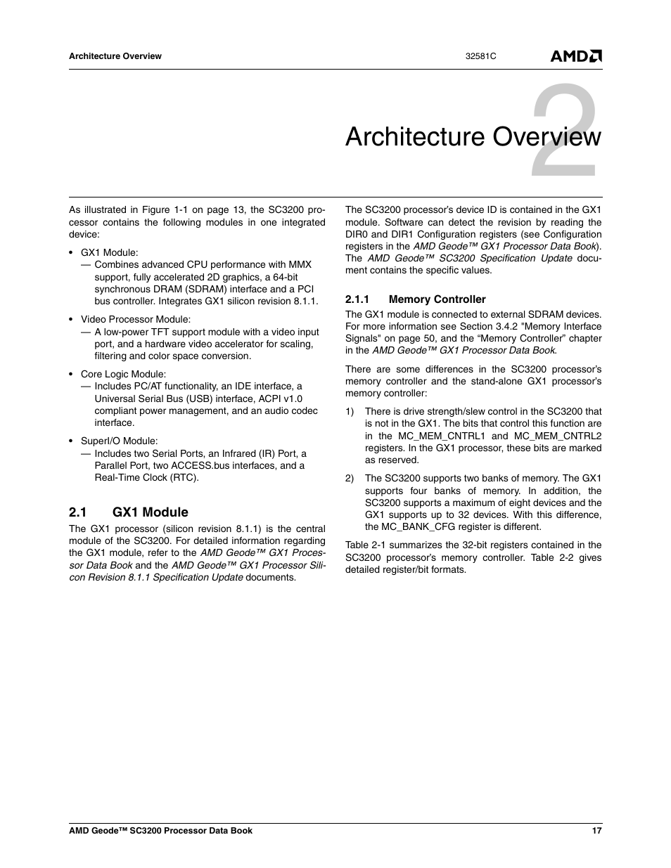 Architecture overview, 1 gx1 module, 1 memory controller | Gx1 module, 0 architecture overview | AMD Geode SC3200 User Manual | Page 17 / 428