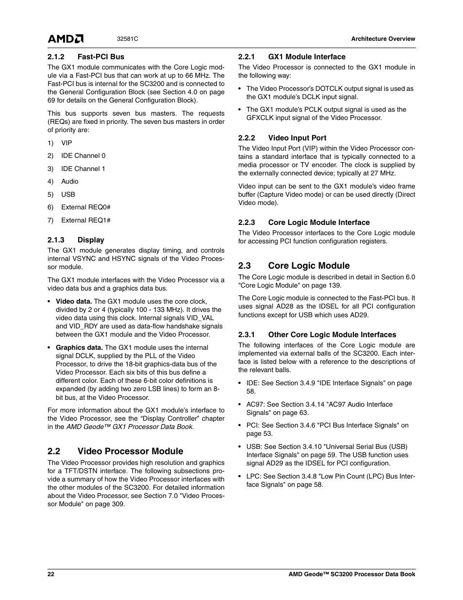 2 fast-pci bus, 3 display, 2 video processor module | 1 gx1 module interface, 2 video input port, 3 core logic module interface, 3 core logic module, 1 other core logic module interfaces, Video processor module, Core logic module | AMD Geode SC3200 User Manual | Page 22 / 428