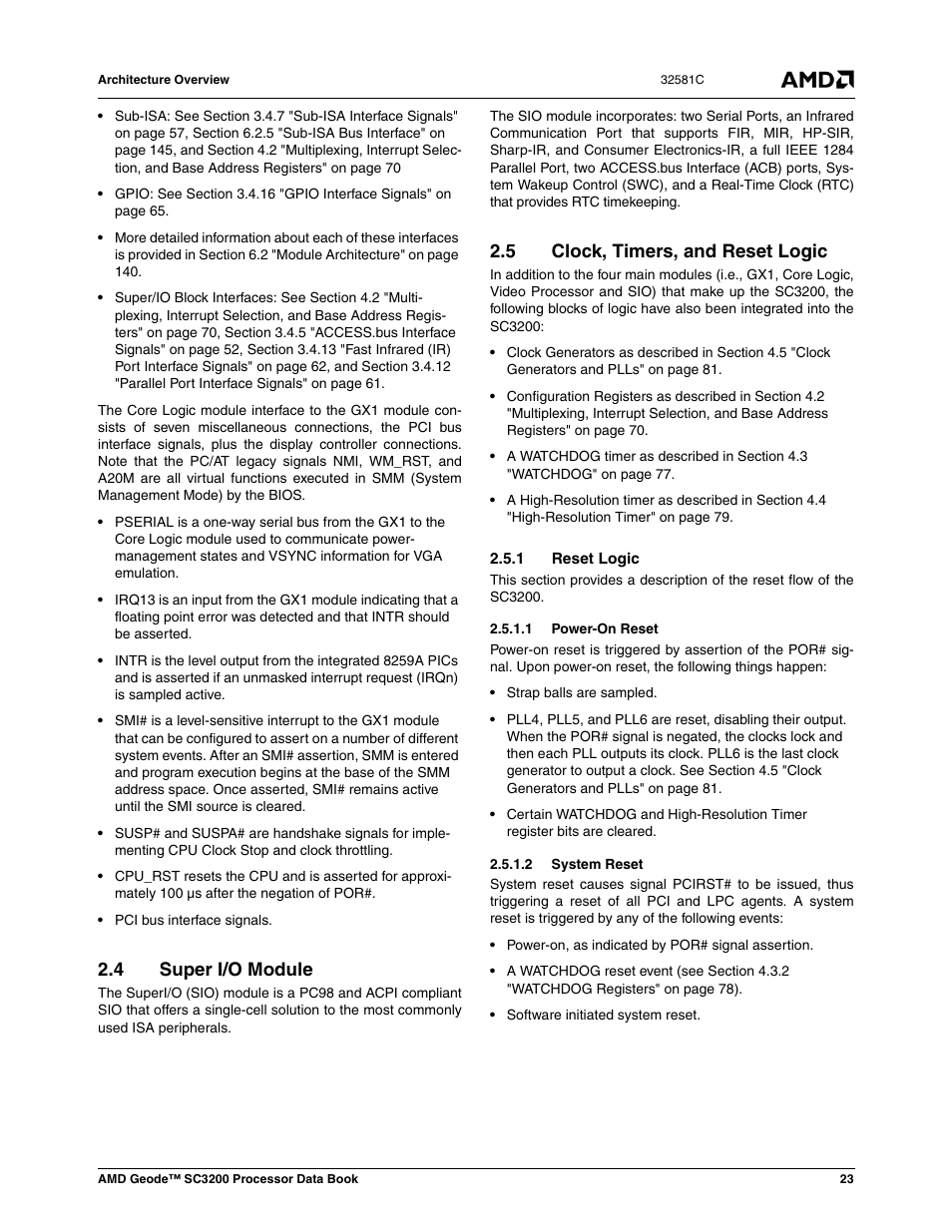 4 super i/o module, 5 clock, timers, and reset logic, 1 reset logic | 1 power-on reset, 2 system reset, Super i/o module, Clock, timers, and reset logic | AMD Geode SC3200 User Manual | Page 23 / 428