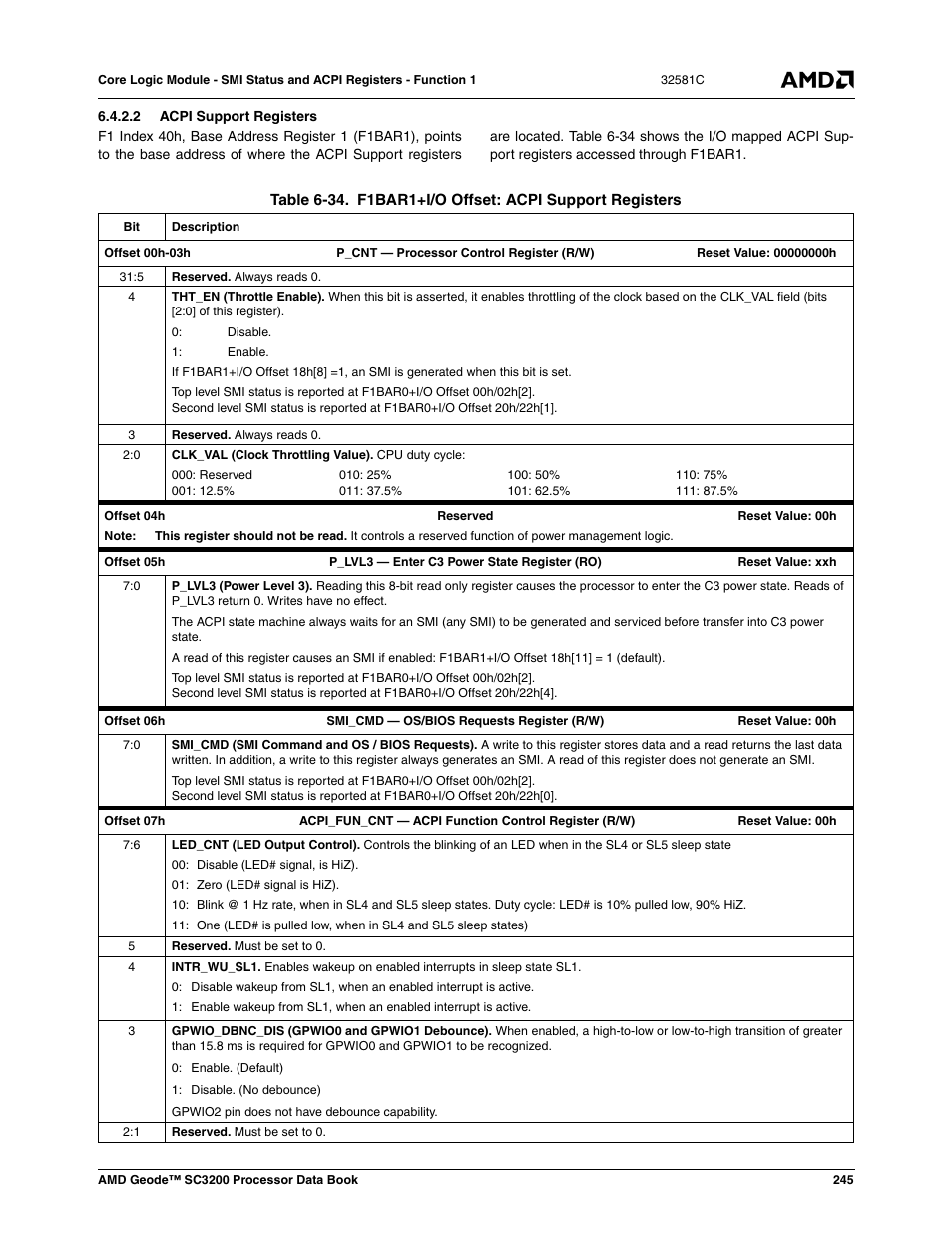 2 acpi support registers, Table 6-34, F1bar1+i/o offset: acpi support registers | Table 6-34) | AMD Geode SC3200 User Manual | Page 245 / 428