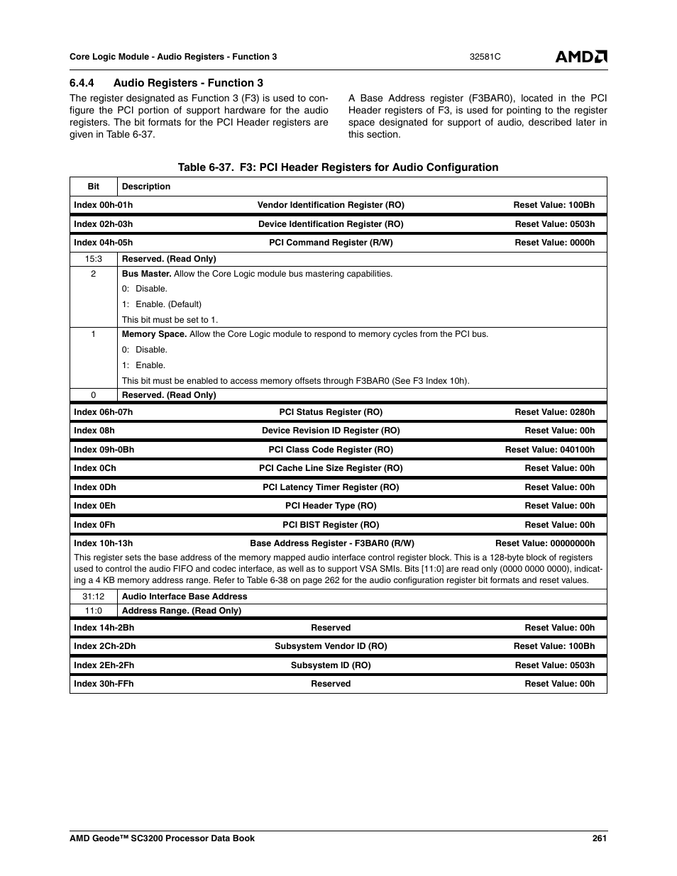 4 audio registers - function 3, Table 6-37, F3: pci header registers for audio configuration | Table 6-37) | AMD Geode SC3200 User Manual | Page 261 / 428