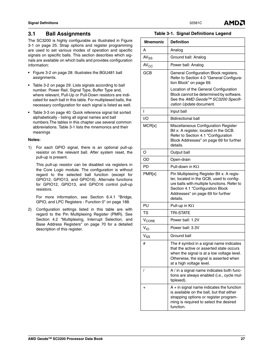 1 ball assignments, Ball assignments, Table 3-1 | Signal definitions legend, Section 3.1 "ball assignments": pro | AMD Geode SC3200 User Manual | Page 27 / 428