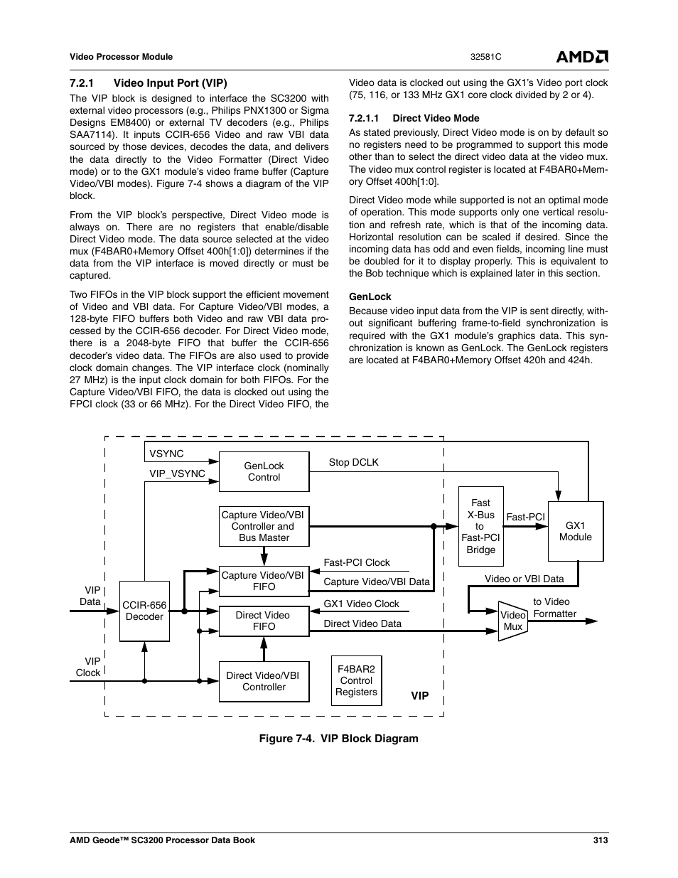 1 video input port (vip), 1 direct video mode, Figure 7-4 | Vip block diagram | AMD Geode SC3200 User Manual | Page 313 / 428