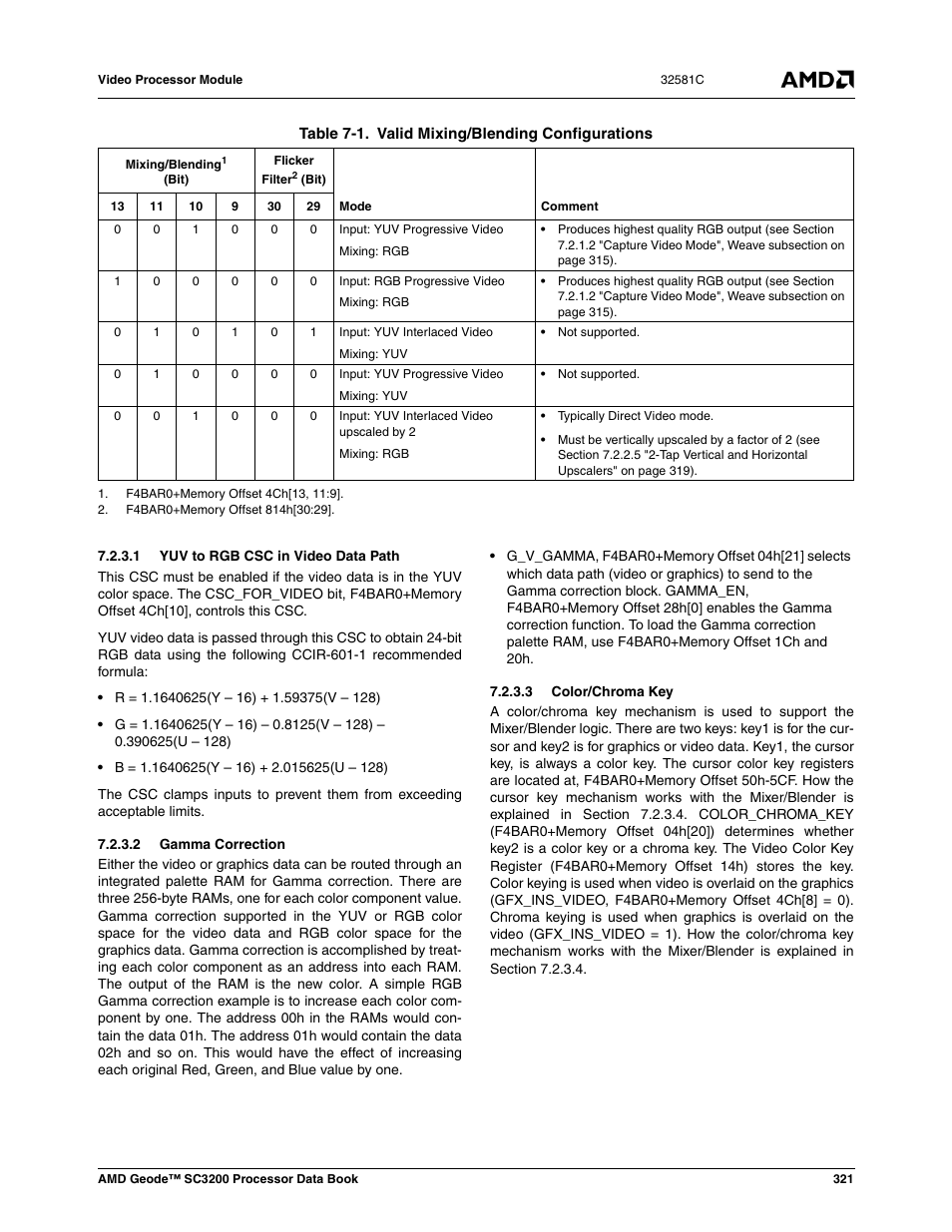 1 yuv to rgb csc in video data path, 2 gamma correction, 3 color/chroma key | Table 7-1, Valid mixing/blending configurations, Section 7.2.3.2) on the | AMD Geode SC3200 User Manual | Page 321 / 428