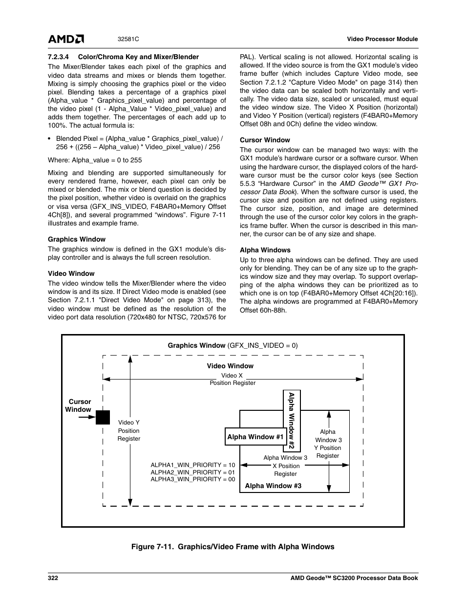 4 color/chroma key and mixer/blender, Figure 7-11, Graphics/video frame with alpha windows | Section 7.2.3.4. c, Section 7.2.3.4 | AMD Geode SC3200 User Manual | Page 322 / 428