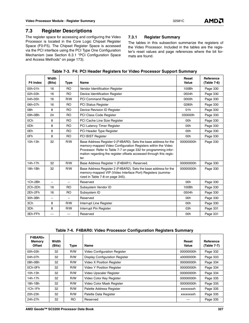 3 register descriptions, 1 register summary, Register descriptions | Table 7-3, Table 7-4 | AMD Geode SC3200 User Manual | Page 327 / 428