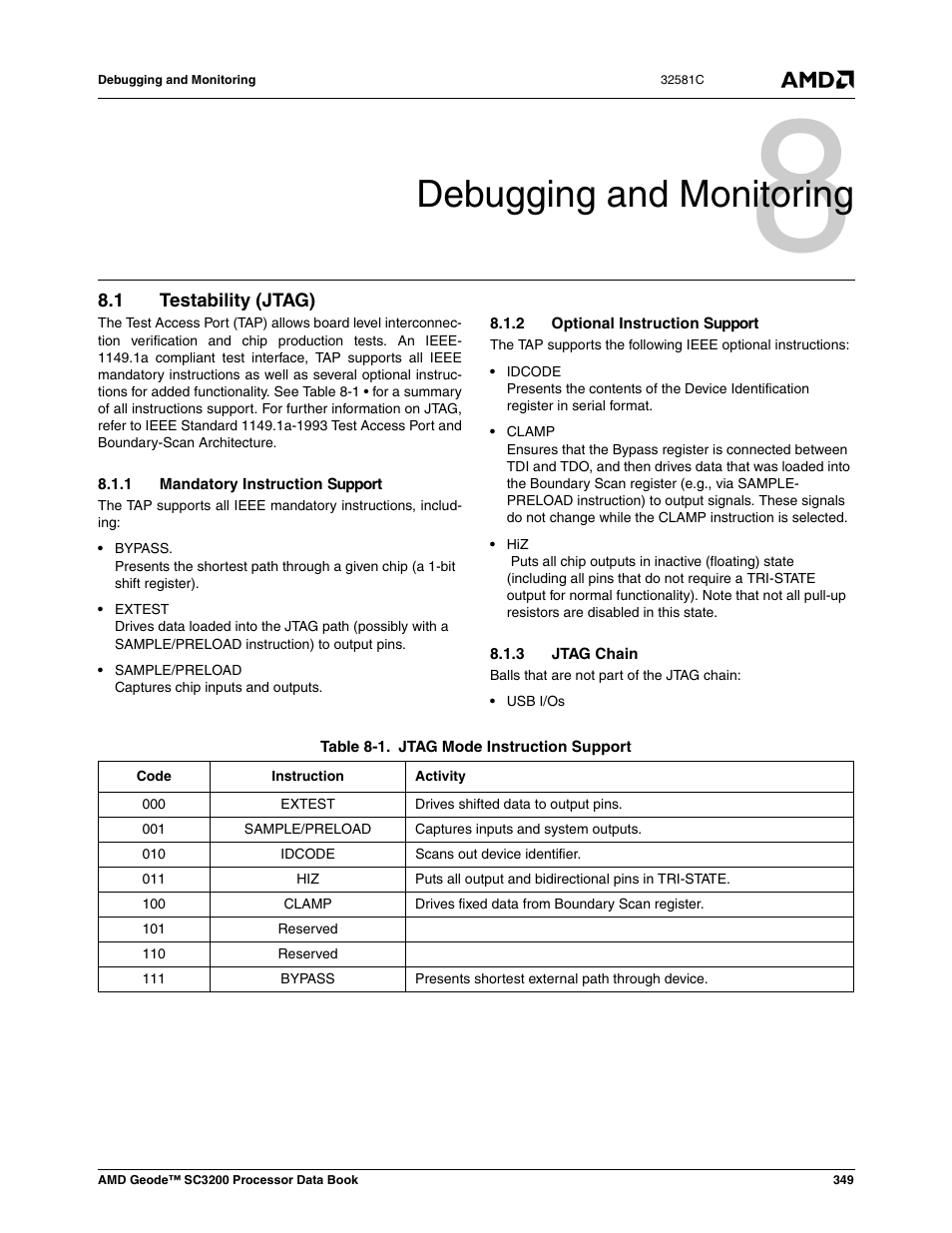 Debugging and monitoring, 1 testability (jtag), 1 mandatory instruction support | 2 optional instruction support, 3 jtag chain, Testability (jtag), Table 8-1, Jtag mode instruction support, 0 debugging and monitoring | AMD Geode SC3200 User Manual | Page 349 / 428