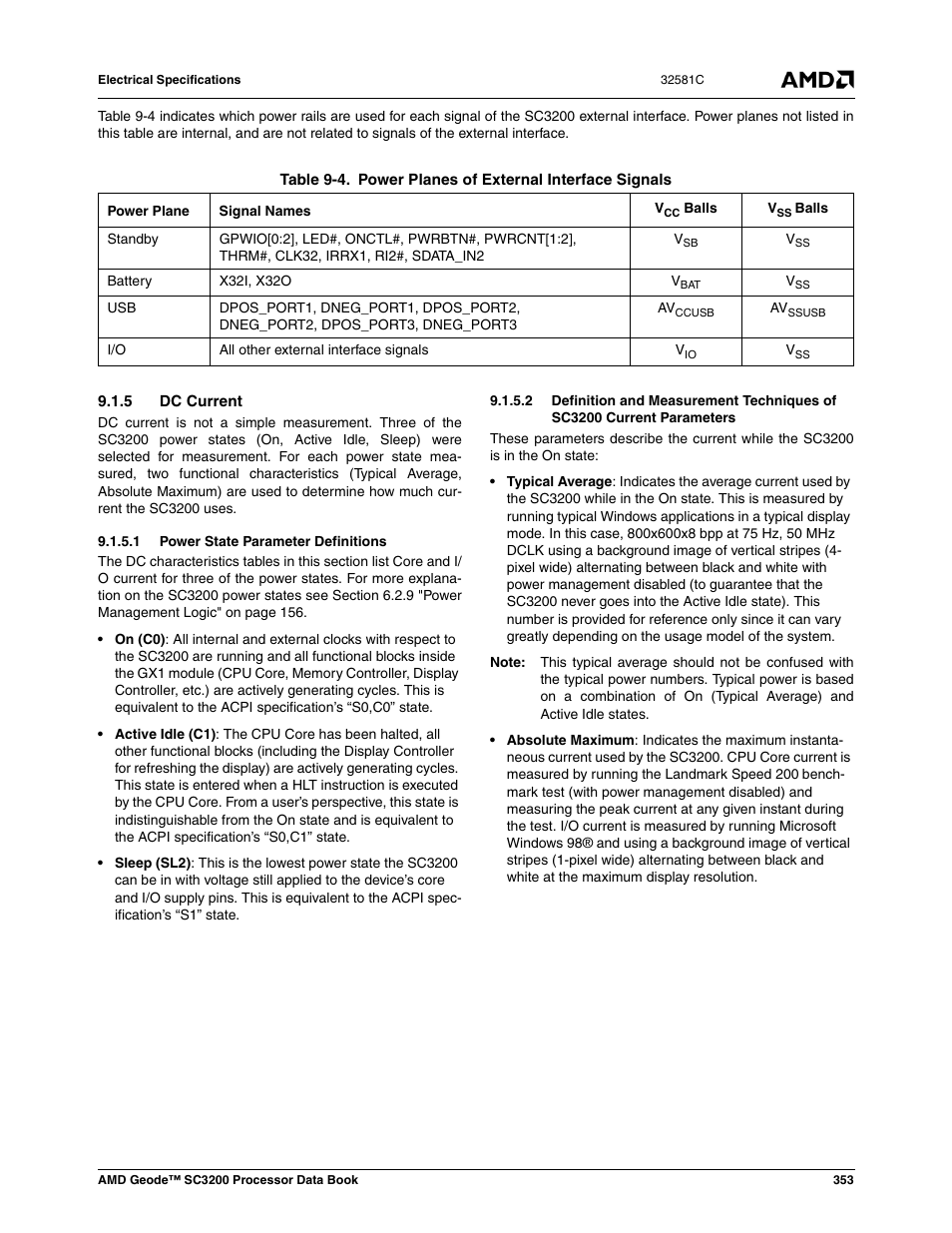 5 dc current, 1 power state parameter definitions, Table 9-4 | Power planes of external interface signals, Table 9-4), E 9-4); cer | AMD Geode SC3200 User Manual | Page 353 / 428