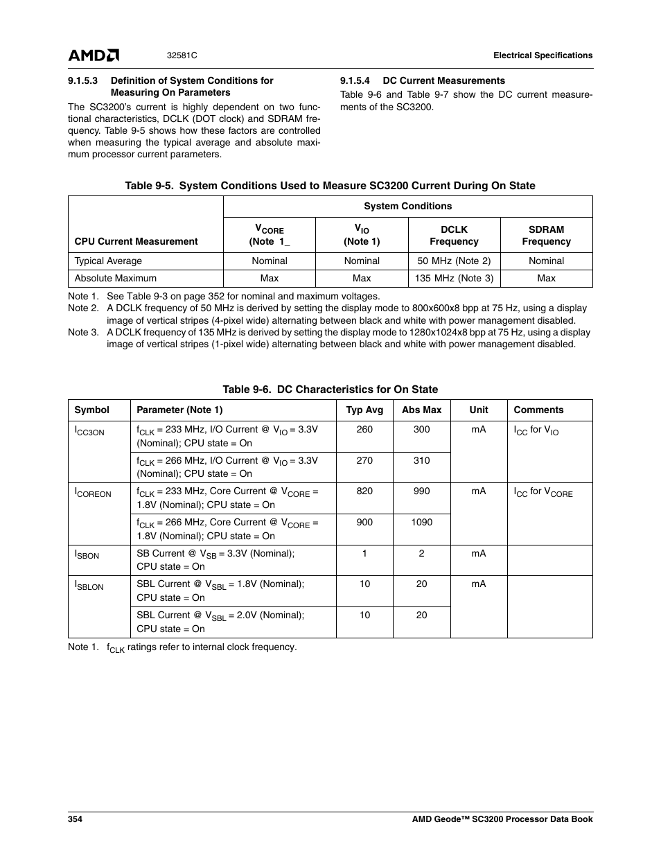 4 dc current measurements, Table 9-5, Table 9-6 | Dc characteristics for on state | AMD Geode SC3200 User Manual | Page 354 / 428